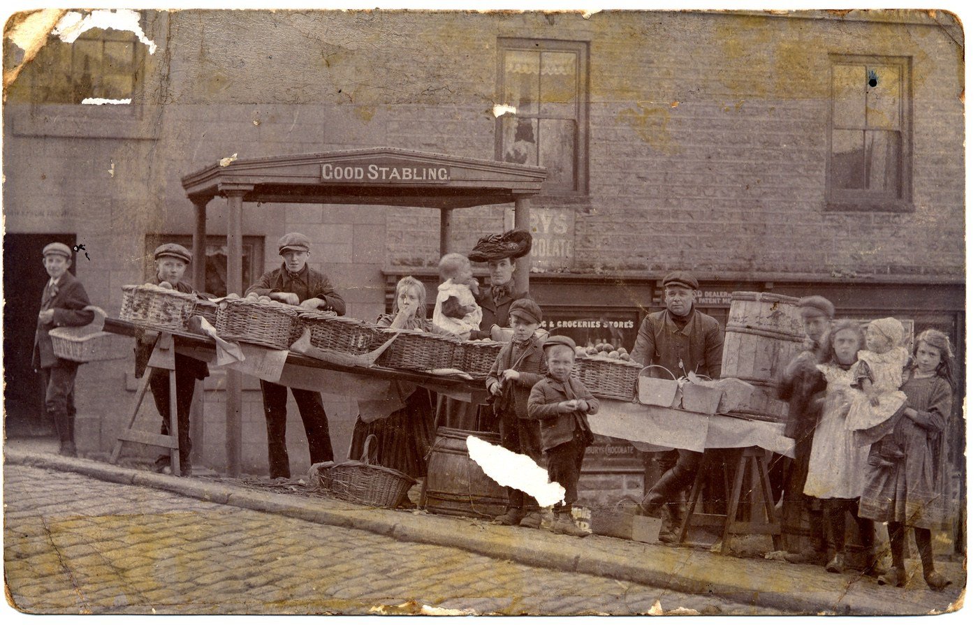 Coll: Michael Kirkbride, 10 Foster Street, Penrith,
The Brough family stall Low Market Place, in 1908- a postcard from Alston 
