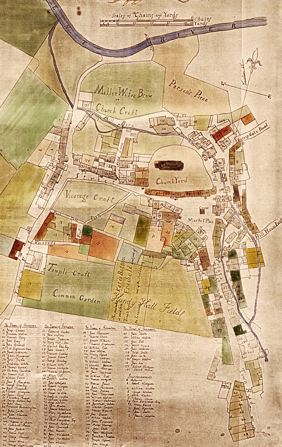 John Fryer and Joseph Hilton's amp of Alston, (part of), surveyed in 1775. History of this coloured version unknown.
This file scanned on a flatbed- much better results should come from a medium format scanner.
The route of the Mill Race, passed in leats fixed to the sides of buildings in places, (Pigeon Lane) to reach the High Mill wheel. Divertions to the Low Mill (latterly Haldon