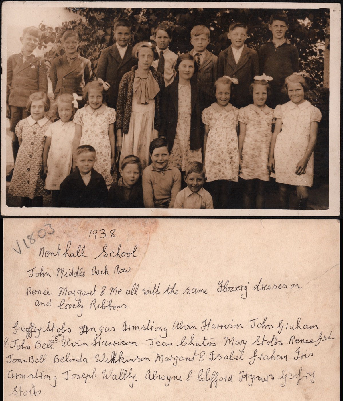 Coll. Isabel Johnson. Copied 2019. Nenthall School 1938.
Rear L>R ?Geoffrey Stobbs, Angus Armstrong, Tommy Harrison, John Graham- Isabel's brother, John Sraughan ?Ronnie Harrison &George (Dougal) Bell
Middle: Jean Chaters, Mary Stobbs, Renee Graham, Joan Straughan, Belinda Wilkinson, Margaret & Isabel Graham, & Iris Armstrong.
Front: Alwyn, Sidney & Clifford Hymers &Joe Walby.

Also written, 