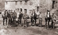 Early days image- no sign yet of acetylene lamps so pre-ca 1907. Horsemen at Rampgill Mine entrance, Nenthead.
L>R John George Walton, Johnny Barron, Johnny Stout, Jimmy Teasdale, Henry Teasdale, Jack Richardson.