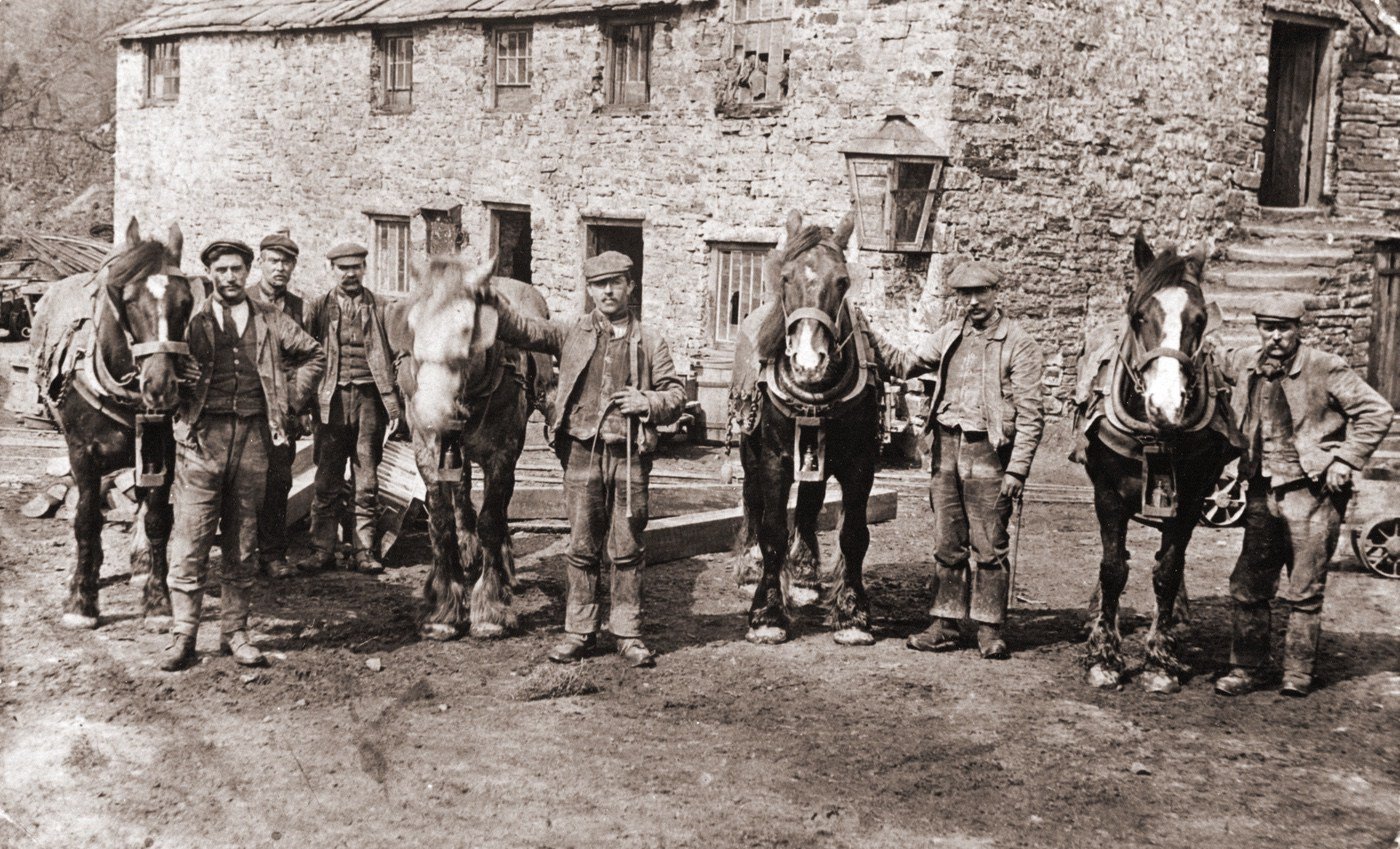 Early days image- no sign yet of acetylene lamps so pre-ca 1907. Horsemen at Rampgill Mine entrance, Nenthead.
L>R John George Walton, Johnny Barron, Johnny Stout, Jimmy Teasdale, Henry Teasdale, Jack Richardson.
