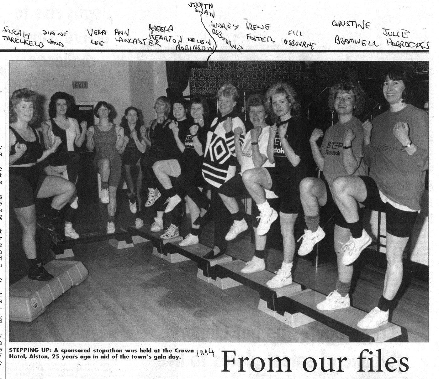 From the Herald - 1994 steps class in The Back of the Crown, Alston.
Threlkeld, Wood, Lee, Lancaster, Robinson,Swan, Kearton, Foster, Osborne, Bramwell, Horrocks.