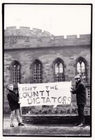 Cleator Moor protest at the culling of the Community Development Project in 1976- mostly at the will of Martin Brannan, chair of Cumbria's Policy & Resources Committee and one-time owner of Brannan Thermometers. Two van loads of police were standing by! Never even got their uniforms wet.