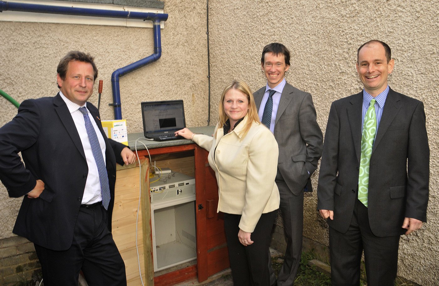 Hon. Ed Vaizey, Minister for Telecoms and Broadband Communication.
Jenny Snowden, Cybermoor Co-ordinator.
Rory Stewart MP
Daniel Heery, Cybermoor Project Manager.
Demonstrating the- non-existent- optic fibre link to Nenthead to representatives of the communiity and President Obama's office.
